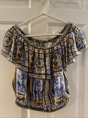 Camilla Pure 100% Silk Ruffle Top Blue Yellow XS
